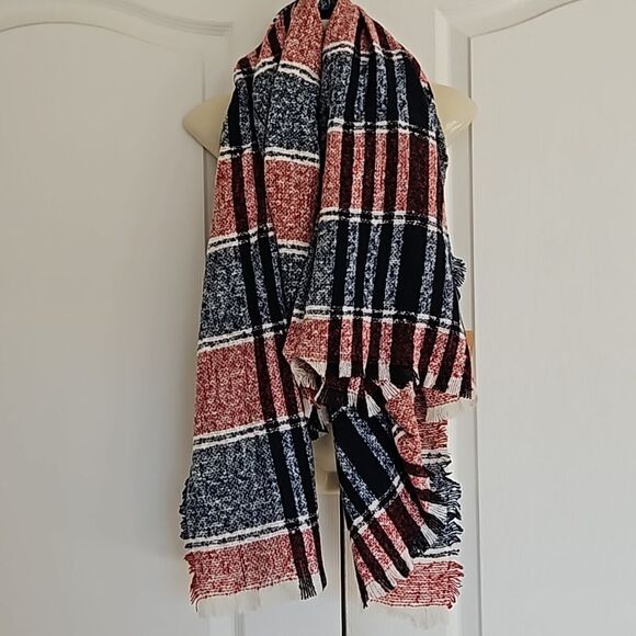 Just Cozy Blanket Fringed Scarf Red & Blue - Picture 2 of 16